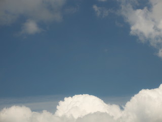 Wall Mural - Clear blue sky with cumulus and cirrus clouds. Sunny weather. Joyful mood. High pressure. Clean air ecology. Water in a gaseous state. The source of rain and hail. Weather prediction