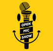 Open mic night party show banner concept with smile emoji and opened microphone silhouette at the middle on yellow background. Poster for stand up comedy show. Vector illustration