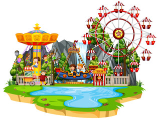 Sticker - Scene with many children playing rides in the funpark