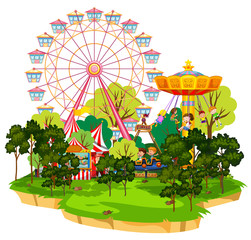 Wall Mural - Scene with many rides in the funpark on white background
