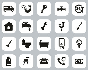 Sticker - Plumbing Service & Equipment Icons Black & White Flat Design Set Big