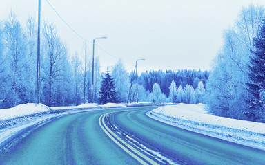 Poster - Winter road on Snow Forest in Cold Finland in Lapland reflex