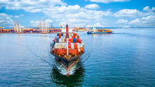 Container Cargo Ship  Import Export Global Business Worldwide Logistic And Transportation, Container Ship Supply Chain Crisis, Logistic Crisis, Aerial View Container Cargo Vessel Boat Freight Ship.