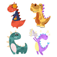 Set of images of cute little monster dinosaurs. Art dinosaur monster for children's clothing. Vector illustration