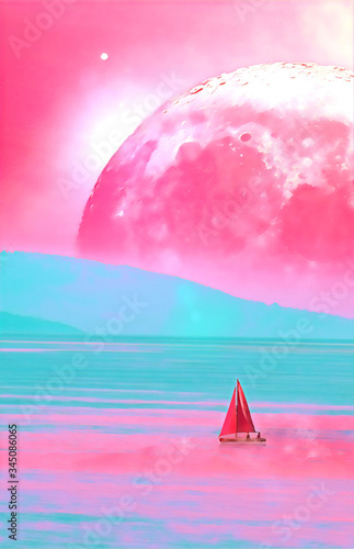 Landscape of an alien planet book cover proportions - huge pink moon reflects in calm ocean water - digital illustration. Elements of this image are furnished by NASA