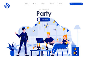 Home party flat landing page design. Happy friends having fun, talking and drinking champagne at home scene with header. Young people spending time together in apartment, enjoyment situation.