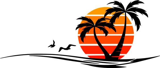 Wall Mural - Palm Beach Waves Sun Summer Silhouette Vector