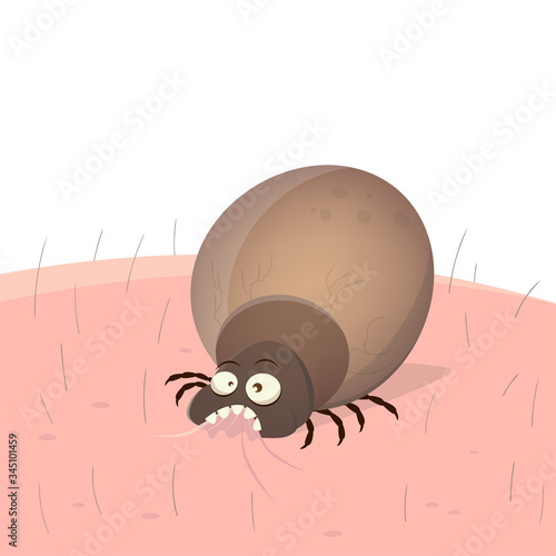 funny vector illustration of a cartoon tick on human skin Buy this