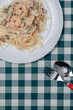 Italian pasta with seafood and king prawns, spaghetti with sauce