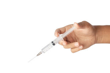 Syringe medical injection in hand isolated on white background.