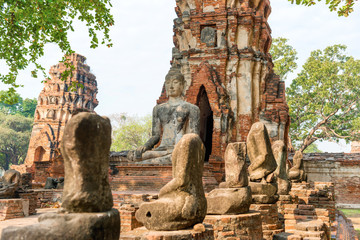 Historical and religious architecture of Thailand - ruins of old Siam capital Ayutthaya. View to brick remains of Wat Mahathat temple