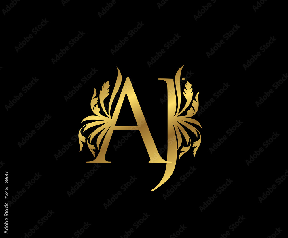 Classy Gold AJ Letter Floral logo. Vintage drawn emblem for book design ...