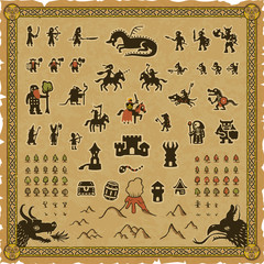 Poster - RPG map elements set that includes a frame, various medieval fantasy icons and a square parchment background.