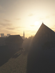 Fototapete - Illustration of the entrance to a European Medieval town, with gatehouse and tithe barn in bright early morning light, 3d digitally rendered illustration