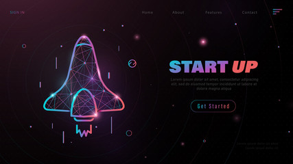 Poster - Business Start Up Concept for banner, web page, presentation, landing page template. Rocket launch into undiscovered space. Low poly wireframe. Vector illustration