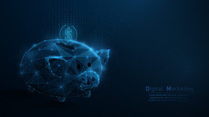 Poster - Piggy bank vector icon. Digital online marketing and Digital money concept. Low poly wireframe. Vector illustration