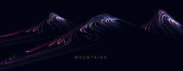 Wall Mural - Abstract futuristic lanscape of mountain splopes formed of bright lines with rays of light, dark night digital design