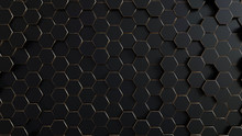 Abstract Black Honeycomb With Golden Stroke Background - 3D Illustration