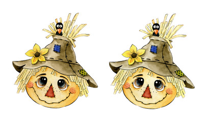 Cute cartoon watercolor scarecrow face with crow and sunflower on a white background