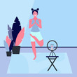 Happy woman doing yoga online with smartphone, in room interior. Concept of teaching yoga through internet . Female blogger creating content for blog during quarantine. Flat vector illustration