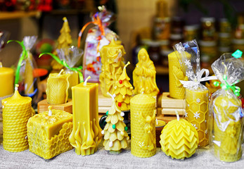 Wall Mural - Decorated candles displayed for sale at Riga Christmas market Latvia