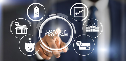 Collage with businessman pressing loyalty program button on virtual screen, panorama