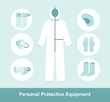 © Zubada - PPE personal protective equipment for airborne contaminants.Complete Protection Kit Full Body Medical Coverall Suit. Flat vector illustration