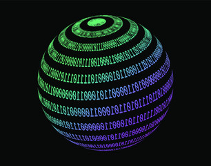 Aufkleber - Glowing neon sphere made of binary digits, zeros and ones. Metaphor of complexity and connectionism, cyberspace and virtual reality.