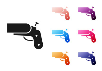 Poster - Black Flare gun pistol signal sos icon isolated on white background. Emergency fire shoot target smoke. Orange 911 launcher. Set icons colorful. Vector Illustration