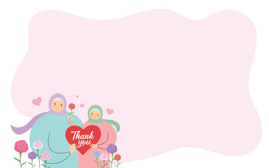 Wall Mural - Happy Mother's Day greeting card template or copy space. Muslim mother & daughter holding heart shape 