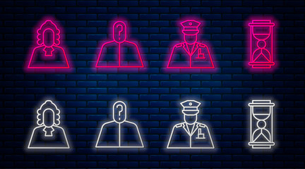 Canvas Print - Set line Anonymous with question mark, Police officer, Judge and Old hourglass with sand. Glowing neon icon on brick wall. Vector