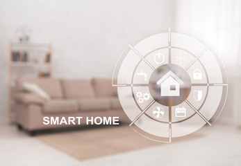 Poster - Double exposure of living room interior and smart home control panel with icons on virtual screen, collage