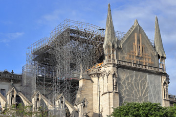 Cathedral Notre-Dame de Paris, after the fire, under reconstruction with scaffolding