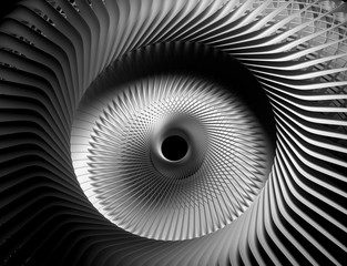 Wall Mural - 3d render of black and white monochrome abstract art of 3d background with part of surreal mechanical industrial turbine jet engine or flower or symbol of sun, or wheel rim in swirl twisted pattern 