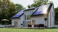 White Scandinavian House With Solar Panel On Black Roof