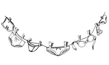 Hand-drawn Lingerie After Washing. Set With Women's Underpants, Bras And Socks. A Symbol Of Female Beauty And Exaltation. Women's Underwear Hanging On A Rope. Vector Outline Banner With Copy Space.