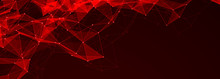 Connection Of Dots And Lines Structure On Dark Background. Red Abstract Polygonal Space. 3d Widescreen