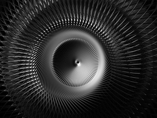 3d render of abstract black and white monochrome art with industrial 3d background of part of turbine jet engine or saw with sharp curve blades in matte aluminum metal material on black background