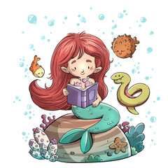 Poster - Mermaid reading a book surrounded by fish