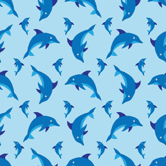Wall Mural - Illustrated cartoon dolphins on blue in seamless repeating pattern.