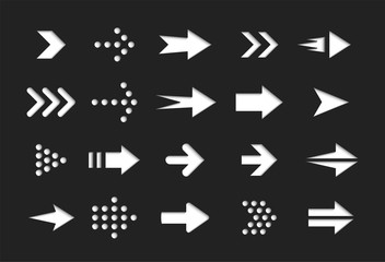 Poster - White arrows on black background, vector icons set, interface isolated symbols pack. Next, forward, previous buttons plain signs bundle. Cursors pictograms collection for web.