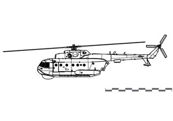 Wall Mural - Mil Mi-14 Haze. Vector drawing of Anti-submarine helicopter. Side view. Image for illustration and infographics.