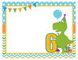 A vector illustration of a blank empty sixth birthday party invitation frame with a cute Tyrannosaurus Rex dinosaur wearing a party hat, holding a balloon with gifts