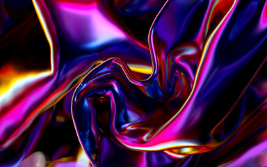 3d render of abstract art of surreal 3d background with part of scarf textile drapery blanket in curve wavy lines with depth of field effect and metallic purple pink violet and yellow gradient color