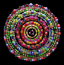 3d Render Of Abstract Art Of Surreal Decorative Hypnotic Mystery Indian Mandala Sign Or Symbol In Spherical Shape Based On Small Connected Balls Particles In Multi Rainbow Color On Black Background