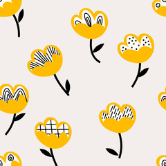 Decorative modern abstract pattern in scandinavian style. Yellow flowers with checkered dotted geometrical simple texture. Wallpaper with colorful simple floral shapes. 