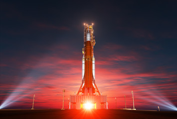 Wall Mural - space launch system on launchpad over background of sunrise