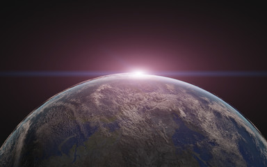 Wall Mural - sunrise over the planet earth of solar system with lens flare. science fiction 3d rendered illustrat