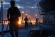 Early morning joggers silhouetted on cruise ship jogging path as sun comes up behind them. 