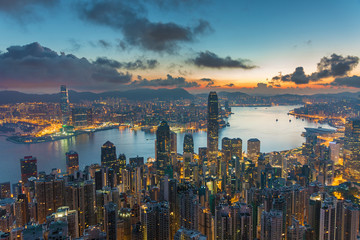 Victoria harbor of Hong Kong city at dawn